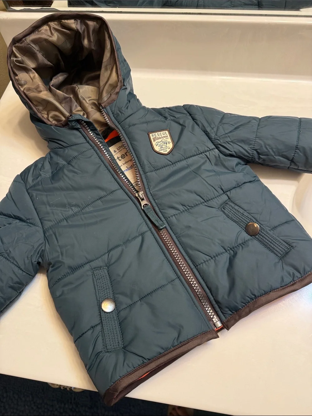 Carter's Teal Kids Puffer Jacket with Hood and Rescue Patch